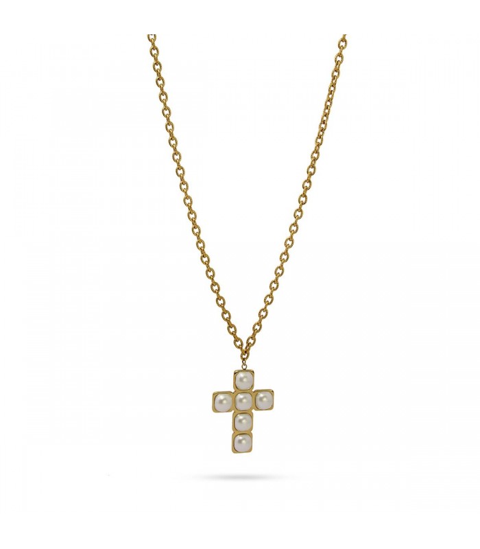 COLLAR ACERO CRUZ CON PERLAS BCO709
