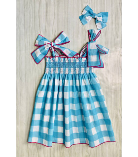 VESTIDO ELÁSTICO CUADROS TURQUESA MON PETIT BONBON VM05244