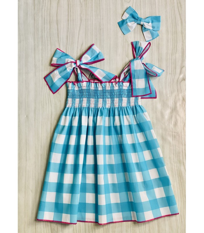 VESTIDO ELÁSTICO CUADROS TURQUESA MON PETIT BONBON VM05244