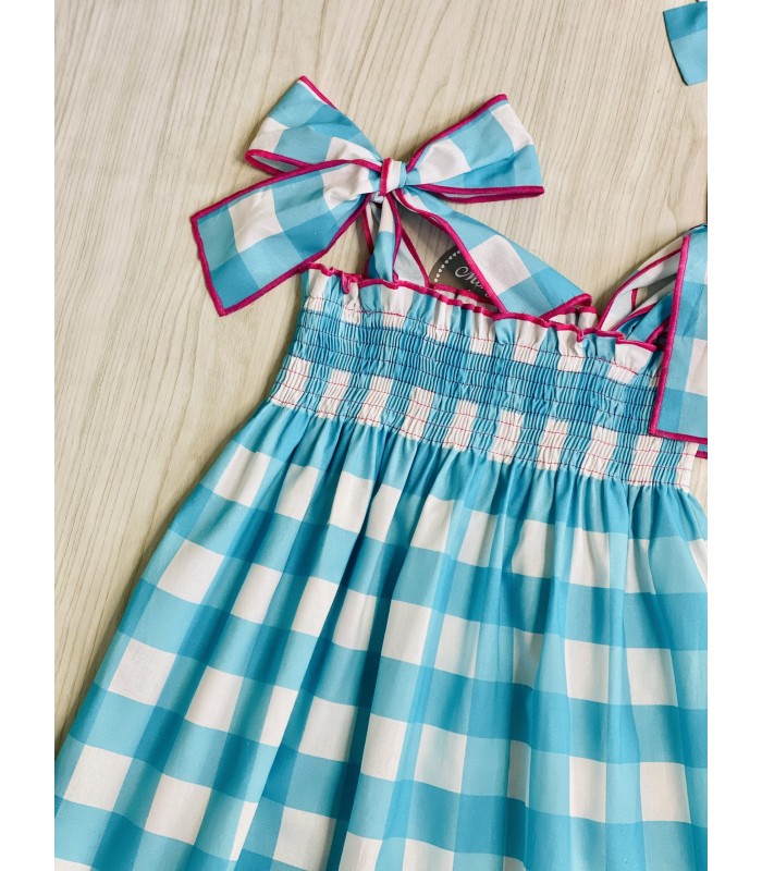 VESTIDO ELÁSTICO CUADROS TURQUESA MON PETIT BONBON VM05244