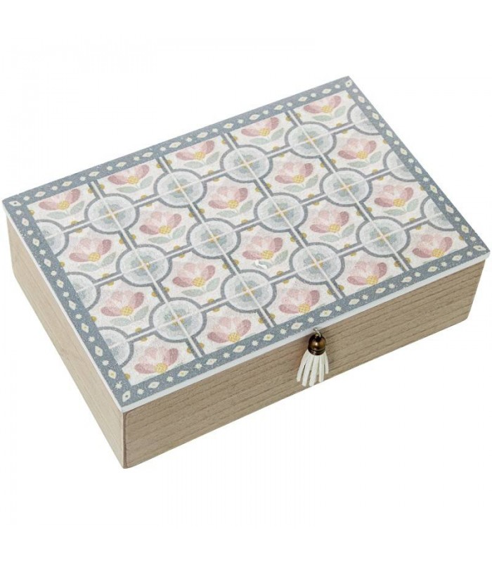 Caja Madera Decorada Azulejos Flores 24x16x7cm 25105